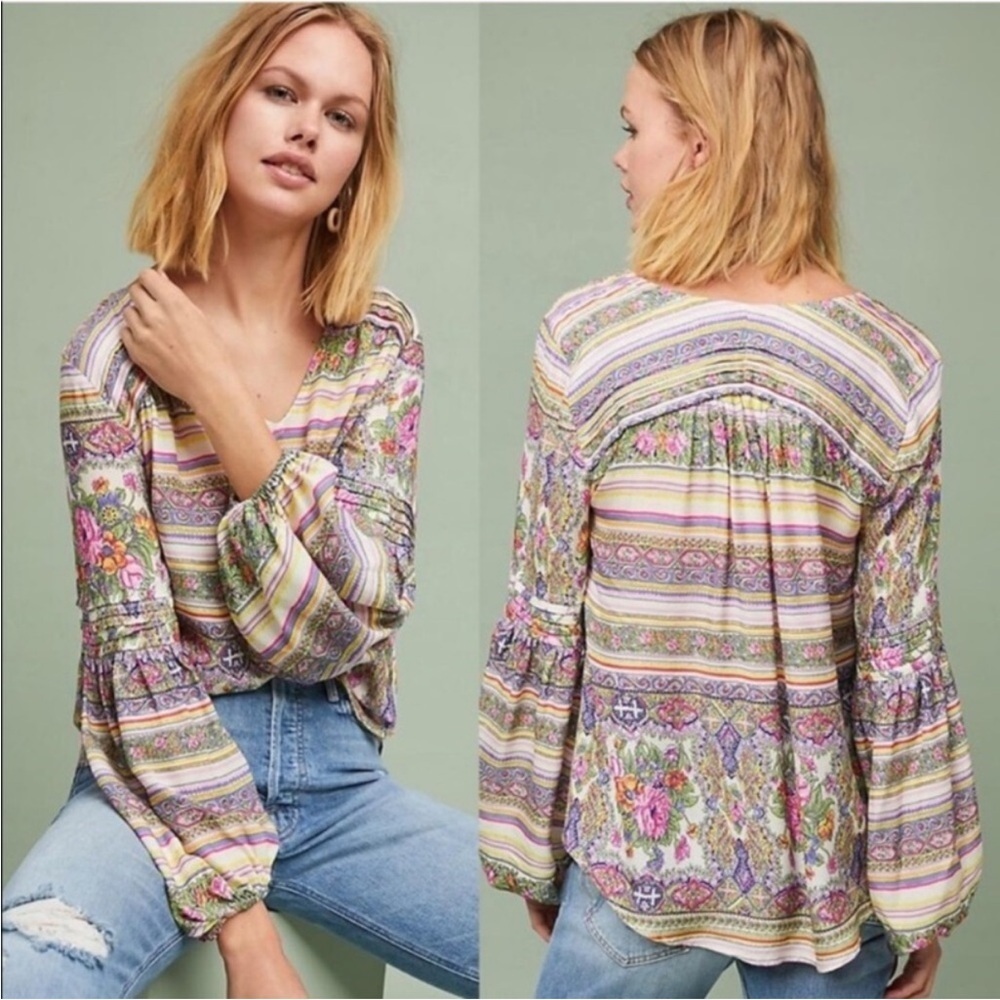 ANTHRO MAEVE Boho Floral Shabby Chic Pleats Cottagecore Striped Rose Peasant Top